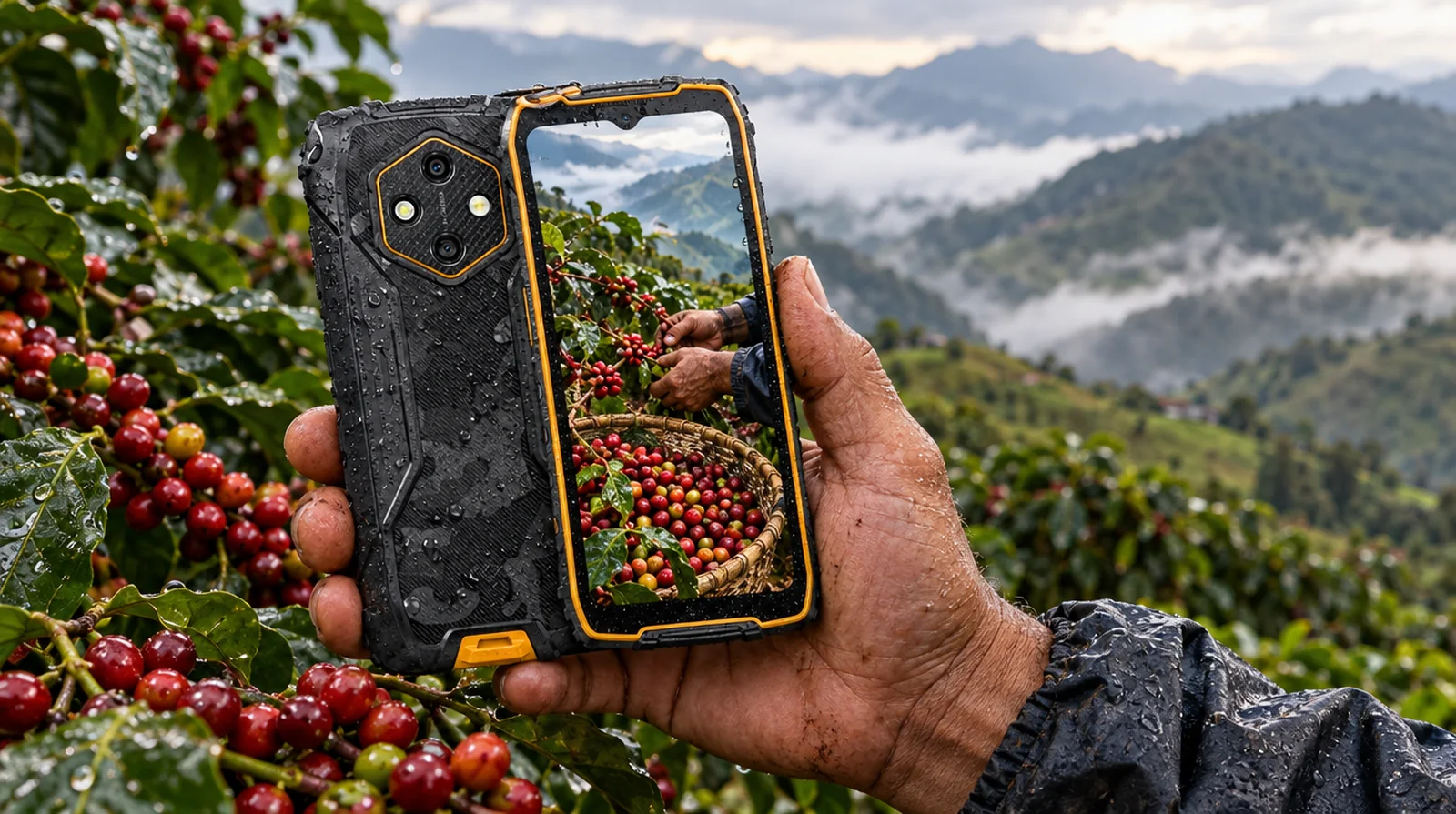 Caficultor usando un teléfono resistente Ulefone bajo la neblina en una finca de Boconó, Trujillo