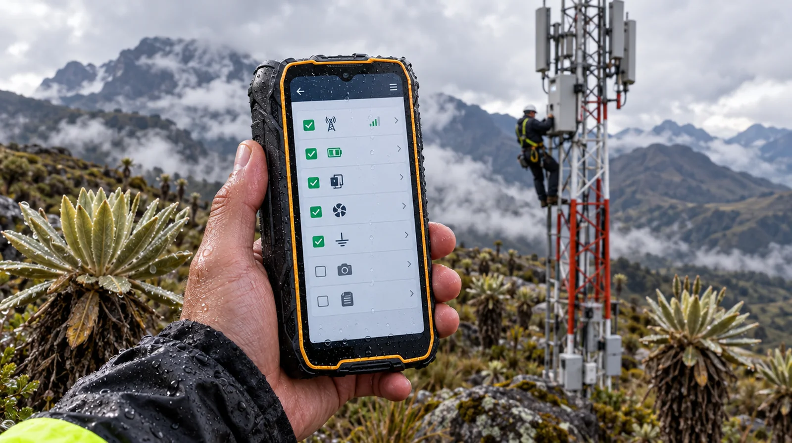 Técnico usando un Ulefone RugKing 4 Pro bajo la lluvia junto a una antena en el páramo de Mérida